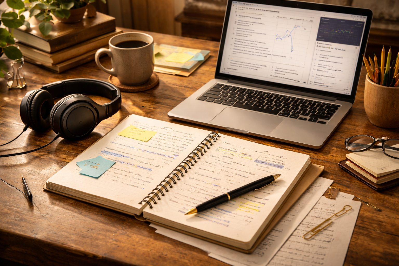 A study desk with lesson notes, headphones, and an open laptop.